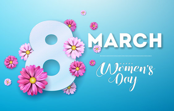 8 March. Happy Womens Day Floral Greeting card. International Holiday Illustration with Flower Design on Blue Background. Vector Spring Template.
