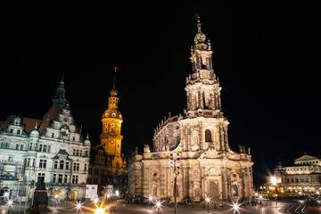 Dresden square (Katholische Hofkirche, Hausmannsturm, Dresden Castle) night view in Germany
