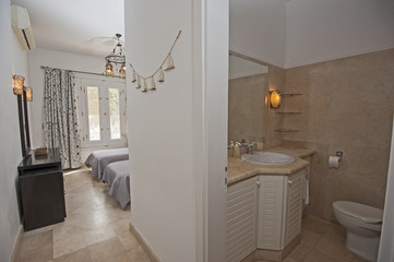 Interior design of bedroom in luxury holiday villa