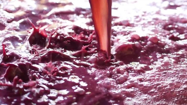Red wine pouring after being pressed in winemaking process