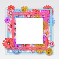 White frame with flower and green leaf. Realistic vector illustration for spring and nature design, banner with square frame.