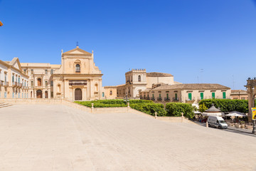 Noto, Sicily, Italy. From left to right: Archbishop's Palace, the monastery and the church of the same name Santissimo Salvatore, the church of Santa Chiara, 1730-1758