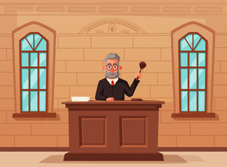 Judge character with hammer. Cartoon vector illustration