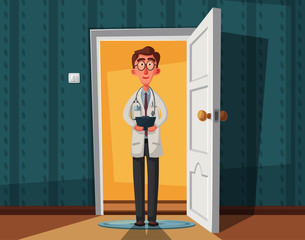 Smart doctor on doorway. Funny character design. Cartoon vector illustration