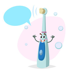 Cartoon electric tooth brush smiling mascot. Dental care ultrasonic character with dummy speech bubble. Vector illustration.