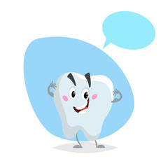 Cartoon healthy tooth smiling mascot. Dental care  character with dummy speech bubble. Vector illustration.
