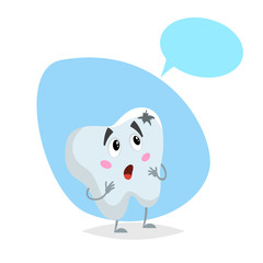 Cartoon sick tooth sad mascot. Dental care  character with dummy speech bubble. Vector illustration.