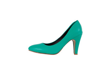 Side view of fashion turquoise high heel women shoes isolated on white background.