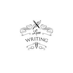 Writer logo with swirls. Feather, elegant vintage pen. Vector illustration.