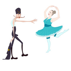 Amusing illustration with conical characters of the man in the stylized military uniform and the dancer's women in a blue magnificent dress who last to each other