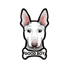 Puppy Bull Terrier with bone. Good boy lettering. Vector illustration.