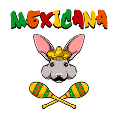 Hare rabbit face. Bunny with sombrero and maracas. Vector illustration.