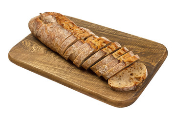 fresh sliced bread on wooden board isolated on white