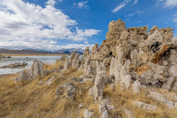 Mounds of the natural formation of tufa (calcium carbonate) at Mono Lake in California, USA.