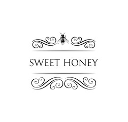 Vintage hand drawn Honey lettering text with bee with flower. Vector illustration.