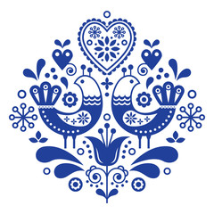 Scandinavian folk art pattern with birds and flowers, Nordic floral design, retro background in navy blue   © redkoala
