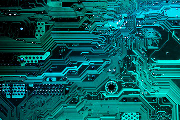 Close up of a printed blue computer circuit board