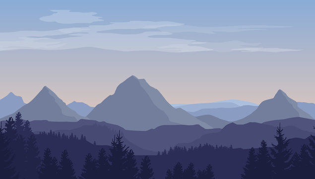 Vector cartoon blue landscape with silhouettes of mountains, hills and trees