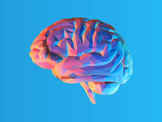 Low poly brain illustration isolated on blue BG - obrazy, fototapety, plakaty