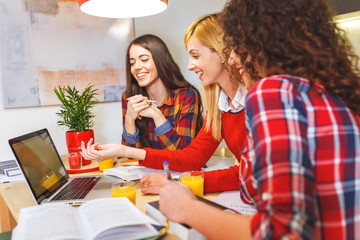 Group of female students study at home, learning for university exam.