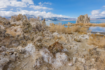 Fototapeta na wymiar Mounds of the natural formation of tufa (calcium carbonate) at Mono Lake in California, USA.