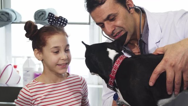 Adorable cheerful little girl petting her dog while professional mature male vet examining the puppy profession service lifestyle family owner pet care healthy canine kids children responsible.