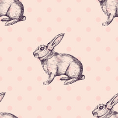 Hand drawn easter bunny seamless pattern. Rabbits silhouette in vintage style