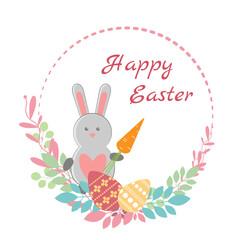 Lovely childrens card for the feast of Easter. Rabbit with carrot surrounded by Easter eggs and plants. Vector illustration
