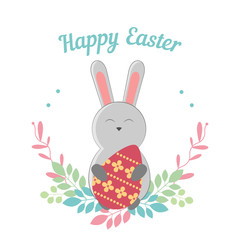 Lovely childrens card for the feast of Easter. Rabbit, eggs, flowers. Vector illustration