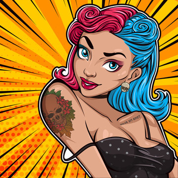 Pop art face of sexy young woman. Vector colorful background in pop art retro comic style. Banner, card, invitation and print.