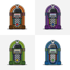 Set of retro jukebox flat line vector icons in different colors isolated on white background.