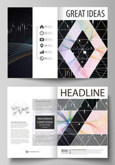 Business templates for bi fold brochure, flyer, report. Cover design template, vector layout in A4 size. Colorful abstract infographic background with lines, symbols, charts and other elements.