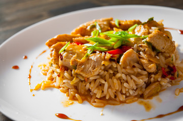 Chicken Breast with Rice in plate on a wooden background