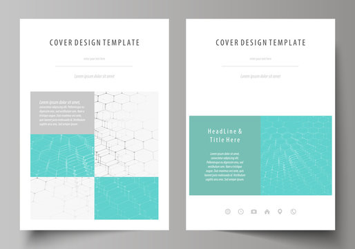 Business templates for brochure, flyer, booklet, report. Cover design template, abstract vector layout in A4 size. Chemistry pattern, hexagonal molecule structure on blue. Medicine, technology concept