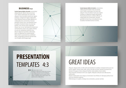 Business templates for presentation slides. Vector layouts in flat design. Genetic and chemical compounds. Atom, DNA and neurons. Medicine, chemistry, technology concept. Geometric background.