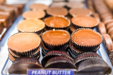 Macro closeup of chocolate peanut butter cups bars candy sweet dessert treats with sign on tray display in store, shop, bakery, cafe