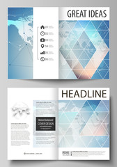 The vector illustration of editable layout of two A4 format modern cover mockups design templates for brochure, magazine, flyer. Polygonal geometric linear texture. Global network, dig data concept.