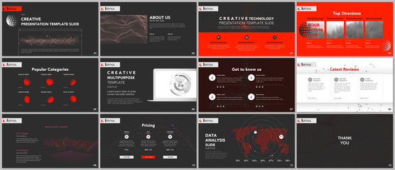 Minimal presentation templates. Tech elements on black background. Technology sci-fi concept vector design. Presentation slides for flyer, leaflet, brochure, report, marketing, advertising, banner