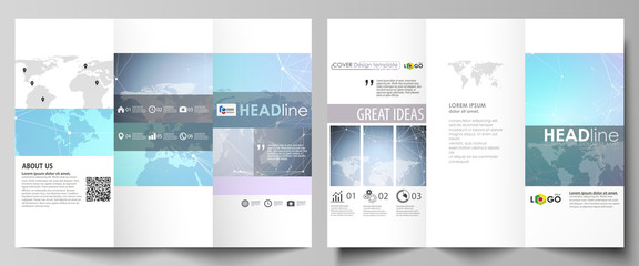The minimalistic abstract vector illustration of editable layout of two creative tri-fold brochure covers design business templates. Polygonal texture. Global connections, futuristic geometric concept
