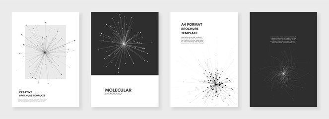 Minimal brochure templates. Molecule models on white background. Technology sci-fi or medical concept, abstract vector design. Templates for flyer, leaflet, brochure, report, presentation, advertising