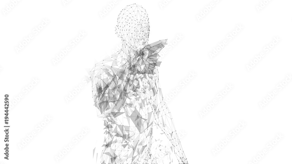 Wall mural conceptual abstract man touching or pointing to something. connected lines, dots, triangles, particl