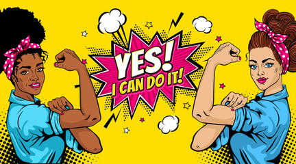 Yes! I Can Do It poster. Pop art sexy strong african and white girls with speech bubble. American symbol of female power, woman rights, protest, feminism. Vector background in retro comic style. - 194442507