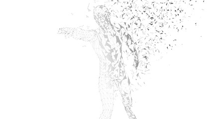 Conceptual abstract man touching or pointing to something. Connected lines, dots, triangles, particles. Artificial intelligence concept. High technology vector digital background. 3D render vector