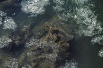 The surface of the river water during the winter