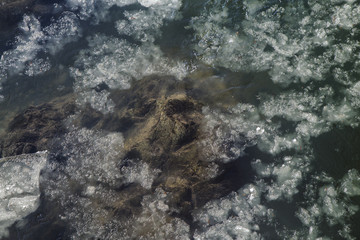The surface of the river water during the winter