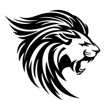 roaring lion profile portrait - side view animal head black and white vector design