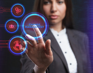 The concept of business, technology, the Internet and the network. A young entrepreneur working on a virtual screen of the future and sees the inscription: Change management