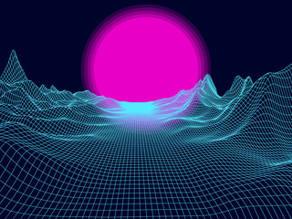 Abstract landscape mesh with sun on horizon. Grid vector background.