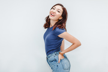 Portrait of happy young woman isolated on white background