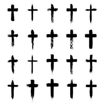 Grunge cross symbols set, christian crosses, religious signs and icons